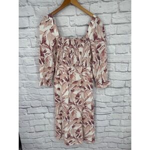 House of Harlow 1960 Linen Blend Smocked Tropical Palm Midi Dress Small Pink